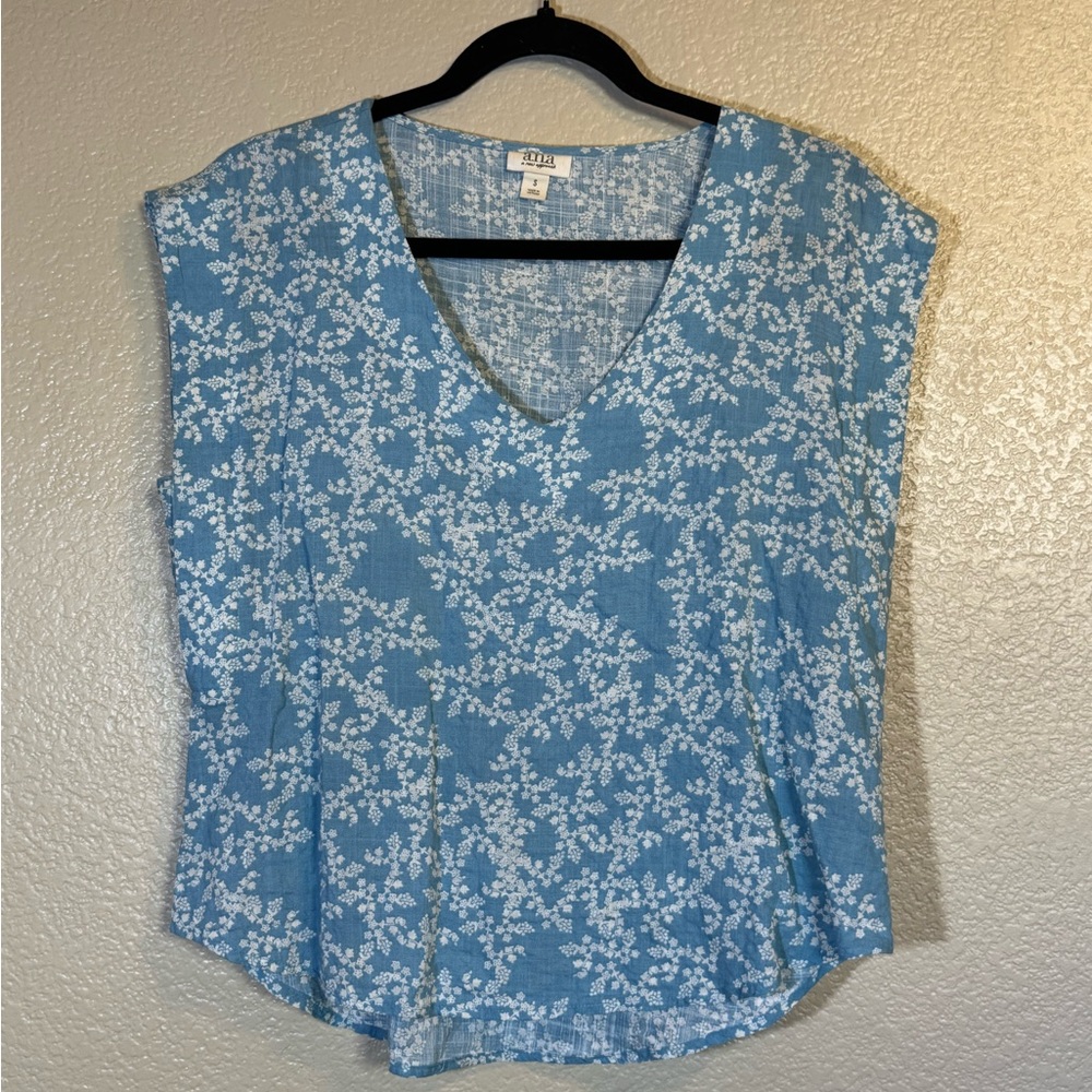 a.n.a Blue Floral V-Neck Blouse